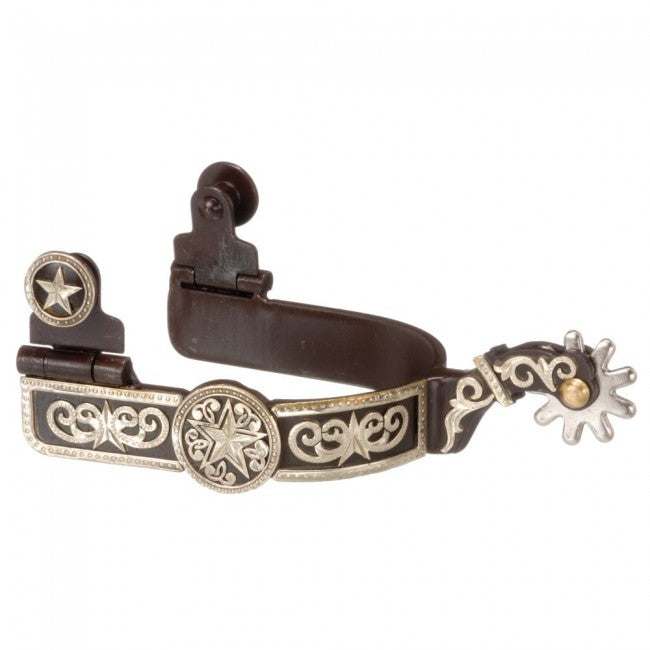 Showman Ladies Antique Brown Bumper Spurs With Silver Barrel Racer & Engraved Overlay