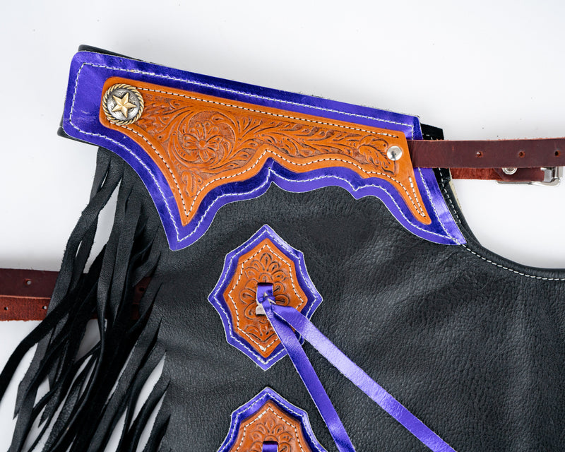 Load image into Gallery viewer, Youth Rodeo Chaps with No Leg Design Purple Side
