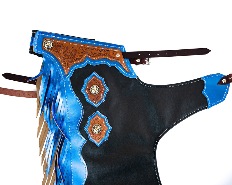 Load image into Gallery viewer, Youth Rodeo Chaps with Leg Design Blue Yolk
