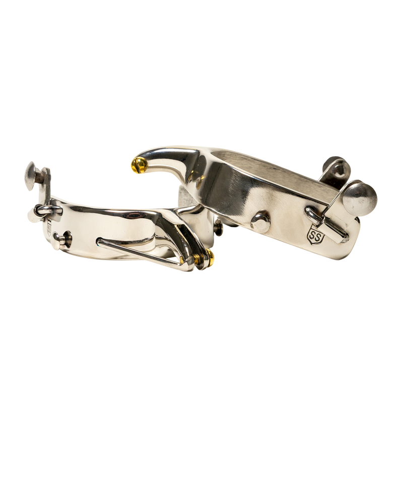 Load image into Gallery viewer, Slingin Shanks Stainless Saddle Bronc Spurs w/ Rein Bar
