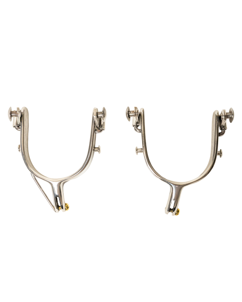 Load image into Gallery viewer, Slingin Shanks Stainless Saddle Bronc Spurs w/ Rein Bar
