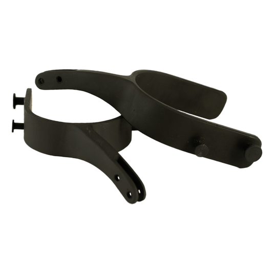 A pair of black metal bull riding spurs