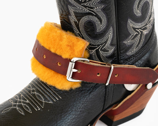 Genuine Sheep Skin Spur Strap Cover - Yellow Wool on a boot