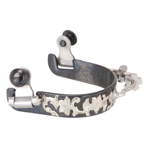 Tough1® Black Steel Ladies Bumper Spurs with Engraved Floral Silver Overlay