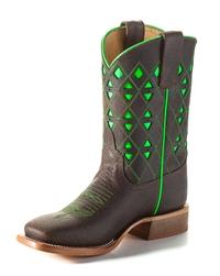 Anderson Bean Youth Boots - HPY1783 Chocolate Bucko Leather with Neon Green Inlay and Trim