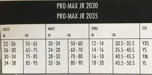 2035 Youth Vest Sizing Chart