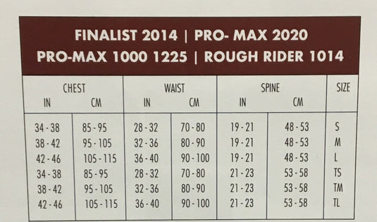 2020 Pro Max Vest Sizing Chart