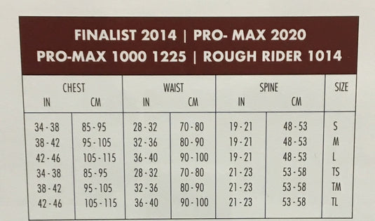 2014 Finalist Vest Sizing Chart