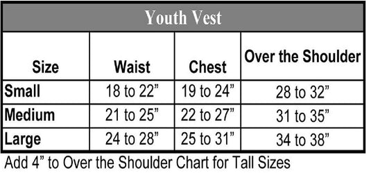1200 Series Youth Vest Sizing Chart