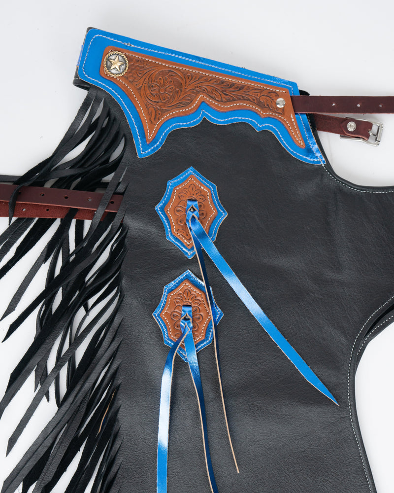 Load image into Gallery viewer, Youth Rodeo Chaps with No Leg Design Blue Side
