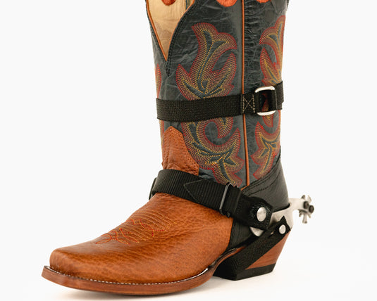 Nylon Spur Strap Package on a boot